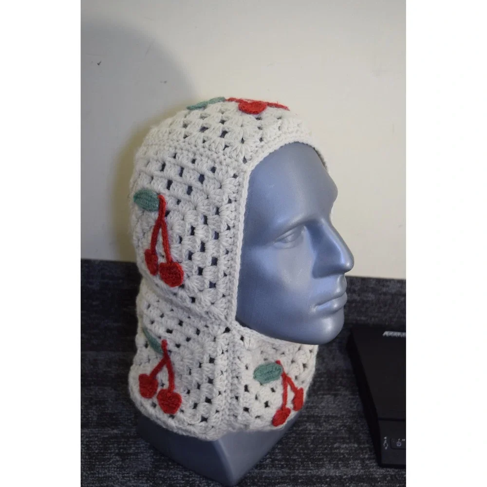 Urban Outfitters Cherry Crochet Balaclava Creme Off-White Granny Square Hood NEW